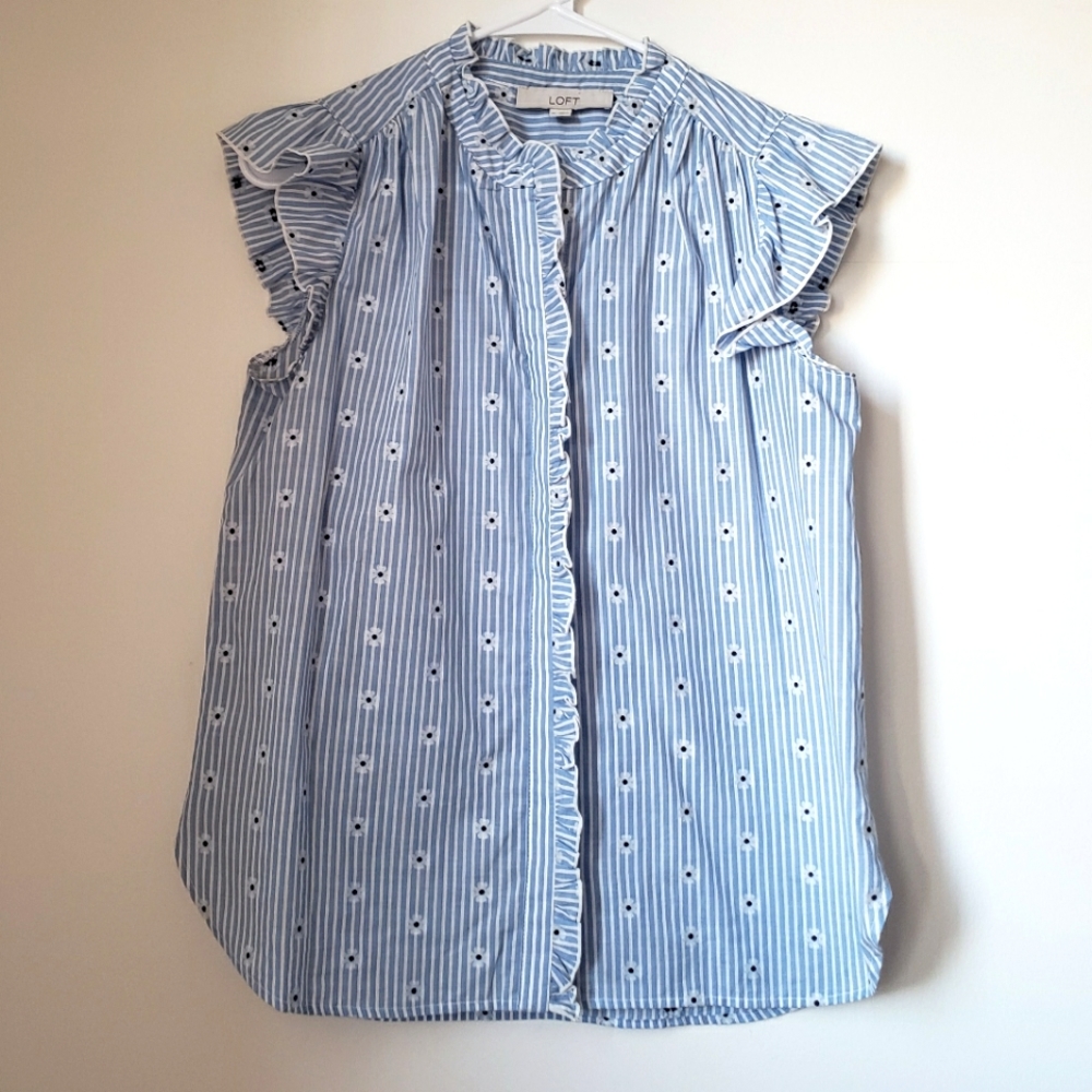Loft Ruffle Sleeve Striped Button Down Blouse